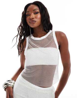 ASOS DESIGN co-ord tank top with binding in hotfix fishnet in white