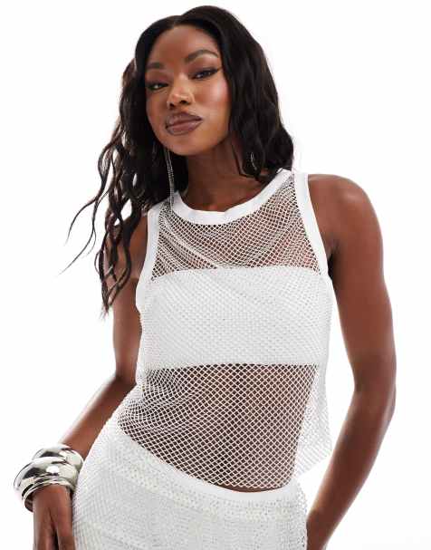 ASOS DESIGN co-ord tank top with binding in hotfix fishnet in white - view 1