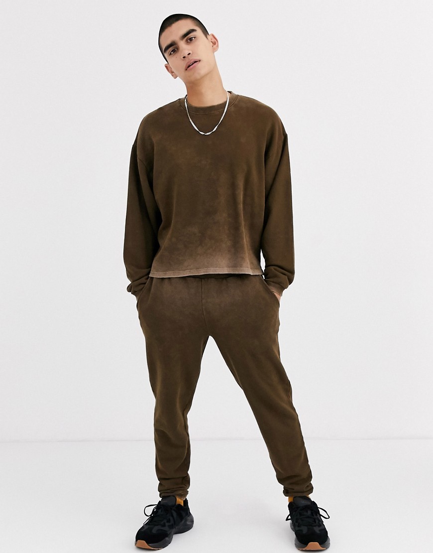 ASOS DESIGN co-ord tapered joggers in in washed brown with contrast stitching & raw hem