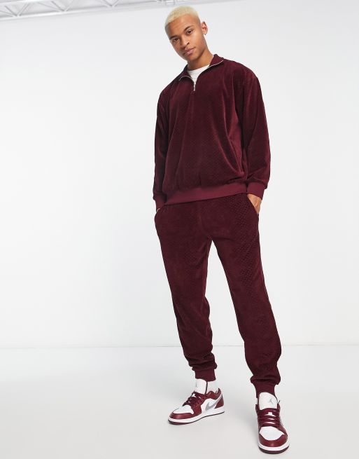 Burgundy velour cheap tracksuit mens