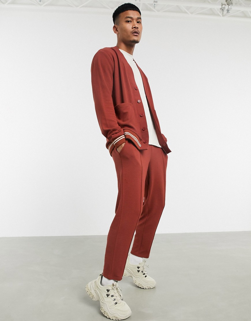ASOS DESIGN co-ord tapered joggers in waffle with striped rib & fixed hem-Brown