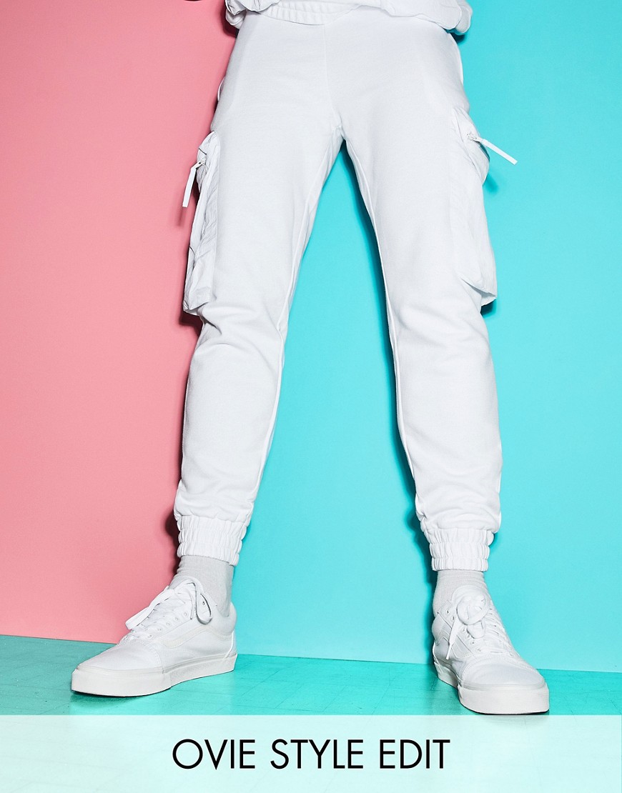 ASOS DESIGN co-ord tapered joggers with nylon bellow cargo pockets in white