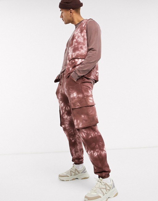 ASOS DESIGN co-ord tapered joggers with utility pockets in brown acid wash