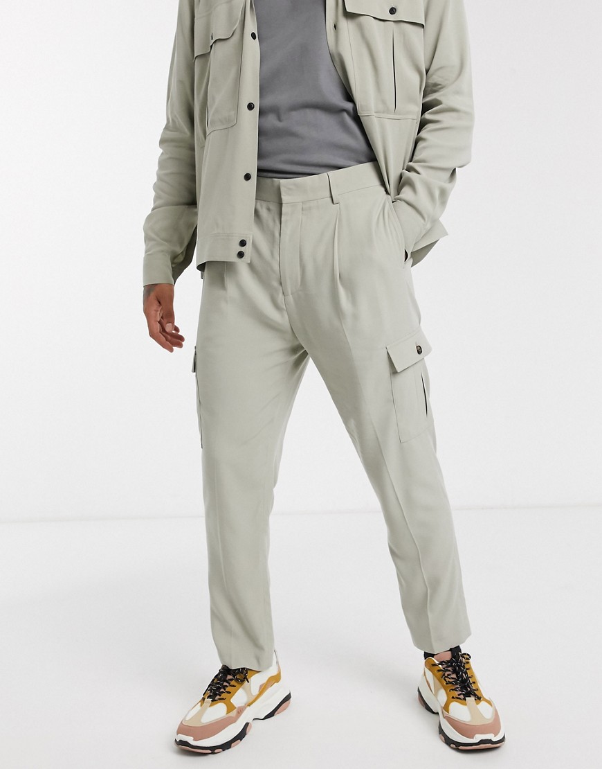 ASOS DESIGN co-ord tapered smart trousers with cargo pocket in stone twill-White