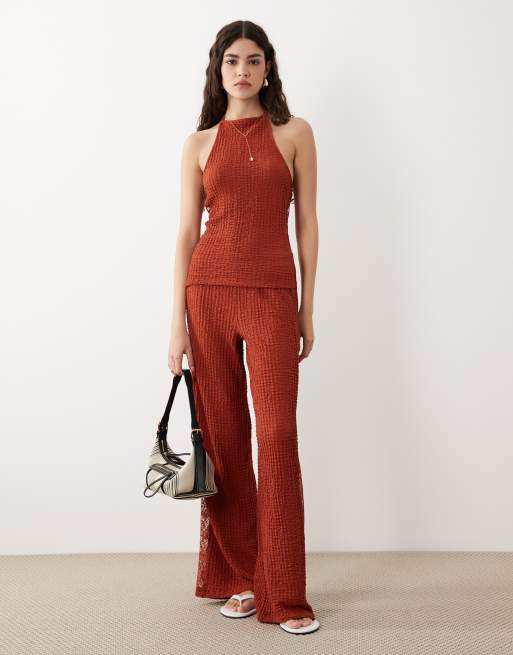 ASOS DESIGN co-ord textured asymmetric halter top with lace inserts in rust, 2 of 4