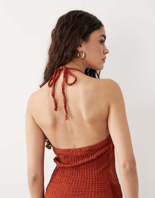 ASOS DESIGN co-ord textured asymmetric halter top with lace inserts in rust, 4 of 4