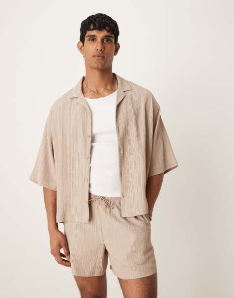 ASOS DESIGN co-ord textured boxy oversized revere shirt in beige