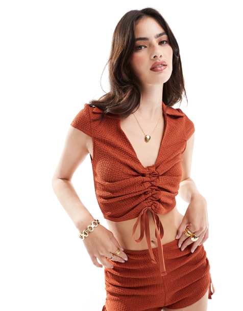 ASOS DESIGN co-ord textured collared ruched top in rust - view 1