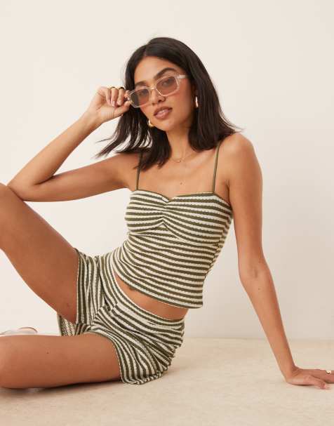 ASOS DESIGN co-ord textured crochet ruched cami top in green stripe