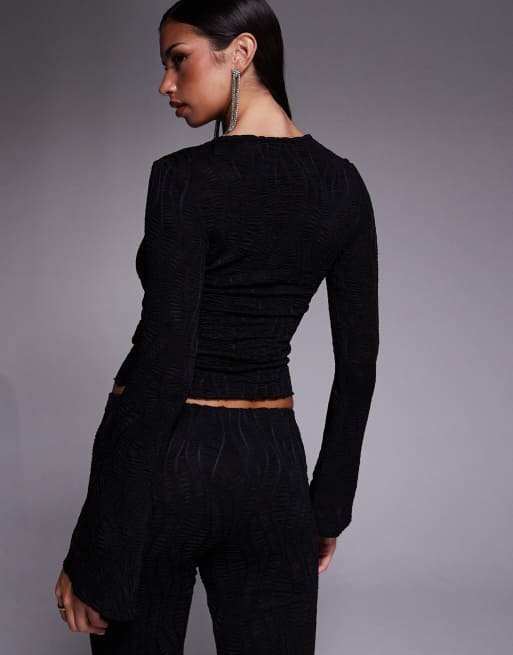 ASOS DESIGN co-ord textured flared long sleeve top in black, 3 of 4
