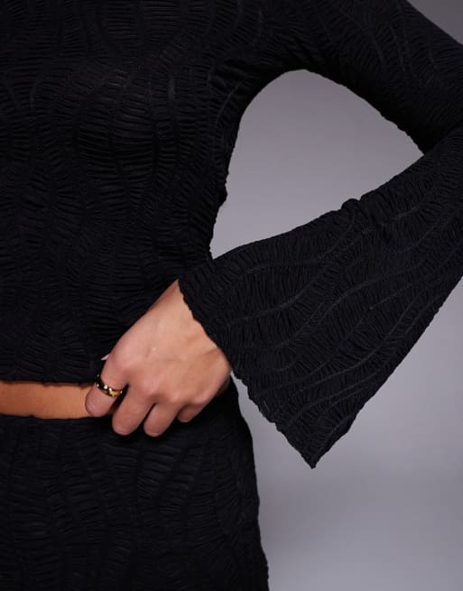 ASOS DESIGN co-ord textured flared long sleeve top in black, 4 of 4