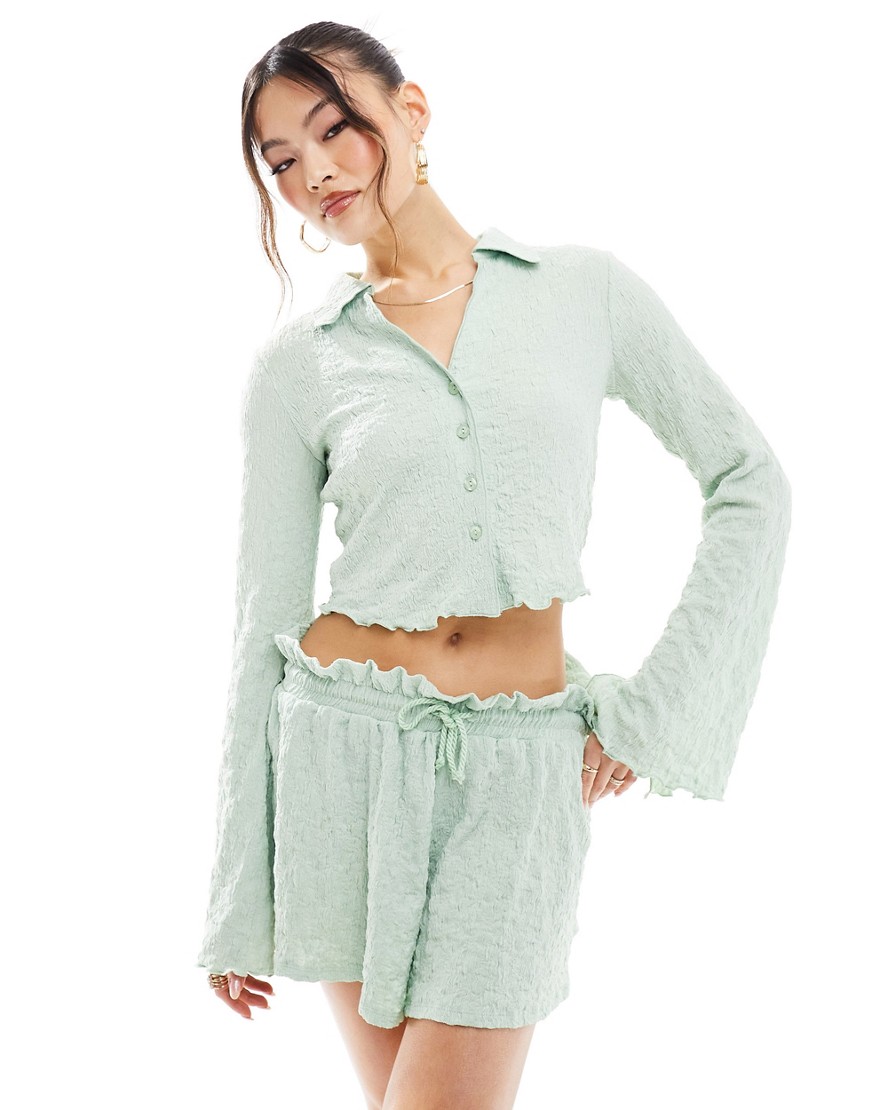 ASOS DESIGN co-ord textured flared sleeve shirt in sage-Green