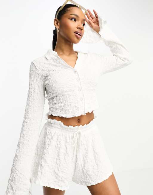 ASOS DESIGN co-ord textured flared sleeve shirt in white