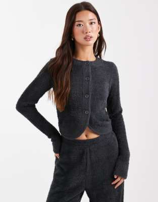 Asos Design Co-ord Textured Fluffy Long Sleeve Cardigan In Gray