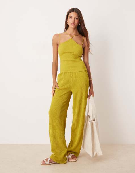 ASOS DESIGN co-ord textured halter neck cami top and wide leg trouser in green - view 1