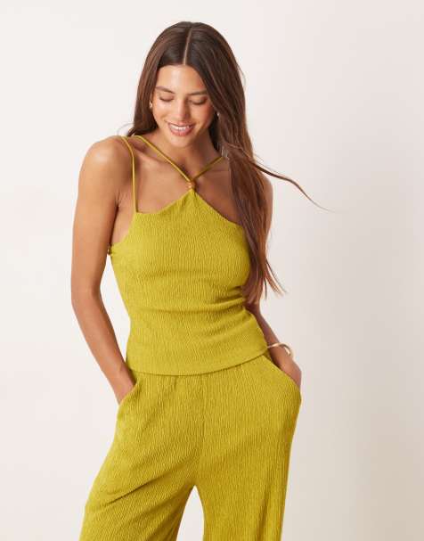 ASOS DESIGN co-ord textured halter neck cami top with bead detail in green - view 1