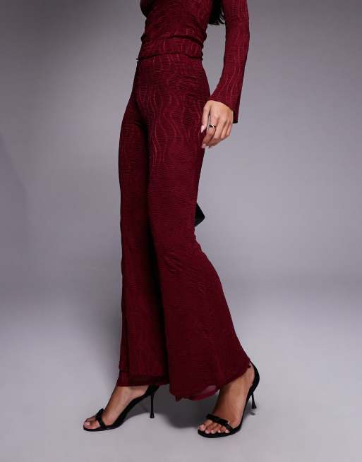 ASOS DESIGN co-ord textured high waist flared leg trousers in burgundy, 2 of 5