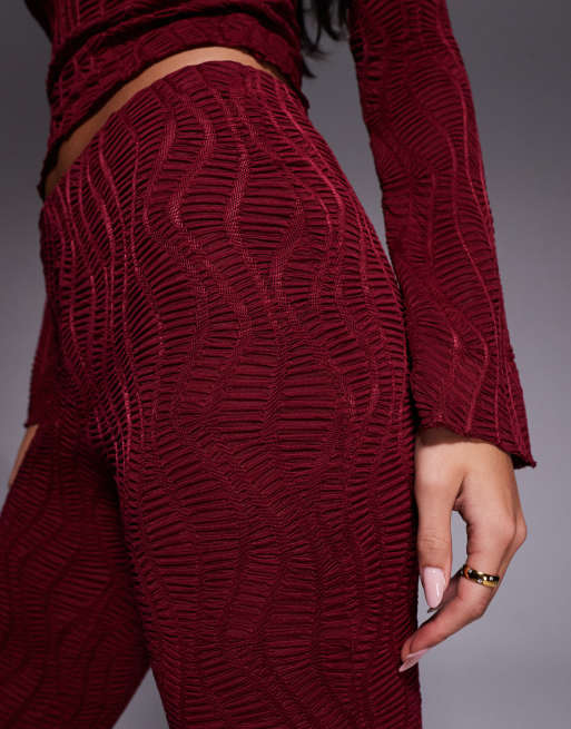 ASOS DESIGN co-ord textured high waist flared leg trousers in burgundy, 4 of 5