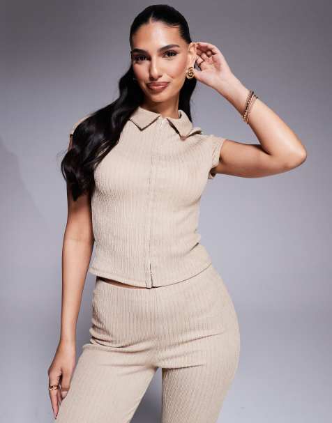 ASOS DESIGN co-ord textured hook and eye short sleeve top in stone - view 1