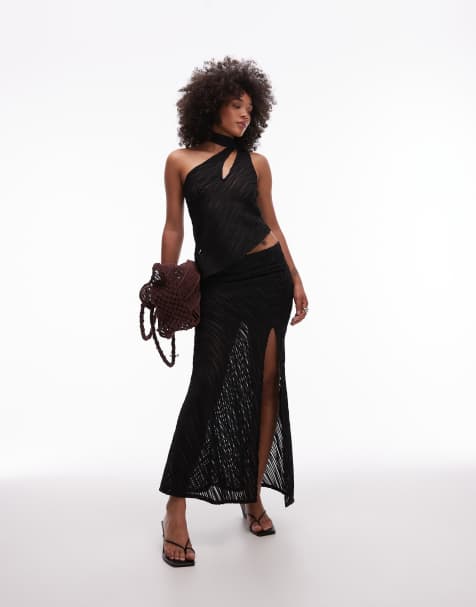ASOS DESIGN co-ord textured key hole asymmetric hem top with scarf detail and fishtail skirt  in black - view 1