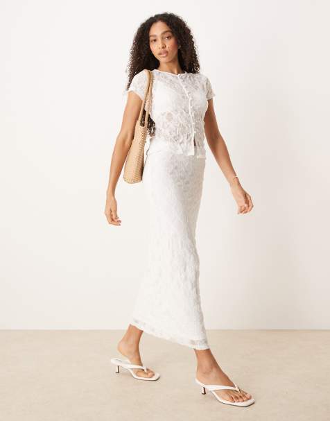 ASOS DESIGN co-ord textured lace sheer midi skirt in ivory - view 1