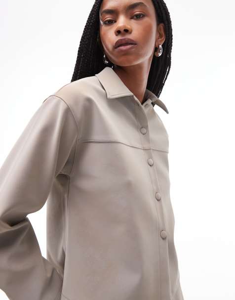 ASOS DESIGN co-ord textured leather look oversized shirt in stone - view 1