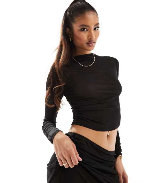 Black Long Sleeve Crop Tops For Women