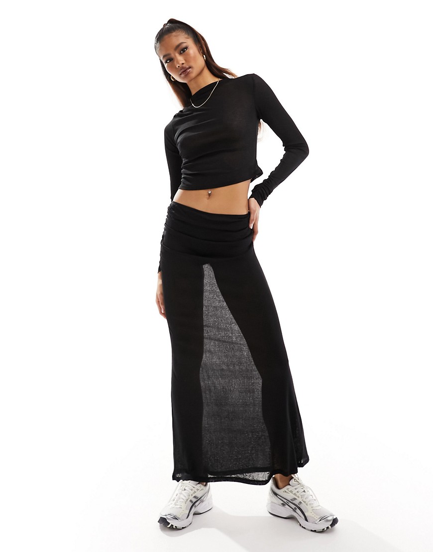 ASOS DESIGN co-ord textured mesh ruched maxi skirt in black