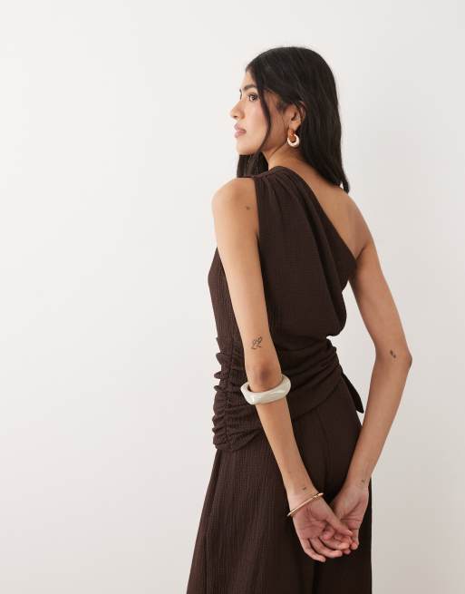 ASOS DESIGN co-ord textured one shoulder top with tie side in brown, 4 of 4