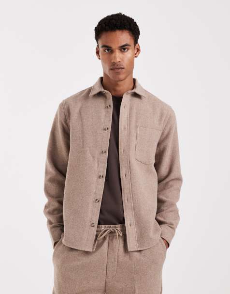 ASOS DESIGN co-ord textured overshirt with wool in beige