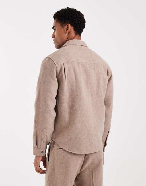 ASOS DESIGN co-ord textured overshirt with wool in beige, 3 of 5