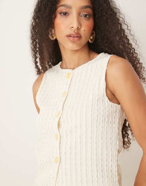 ASOS DESIGN co-ord textured semi sheer crochet waistcoat top in cream 
