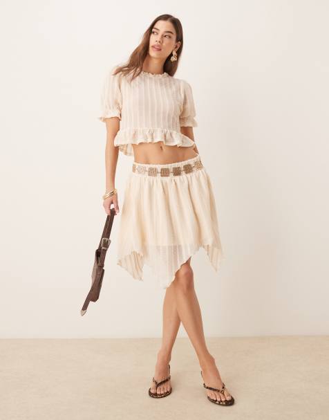 ASOS DESIGN co-ord textured short sleeve shirred top and mini skirt in cream - view 1