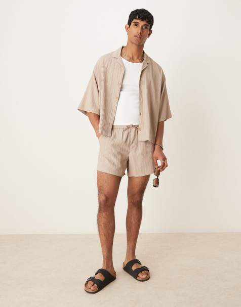 ASOS DESIGN co-ord textured shorts in short length in beige