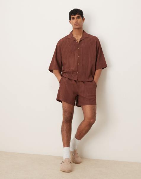 ASOS DESIGN co-ord textured shorts in short length in brown - view 1