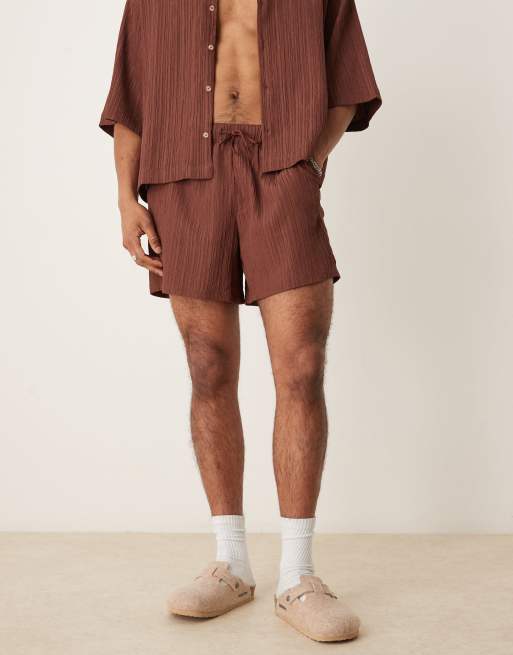 ASOS DESIGN co-ord textured shorts in short length in brown