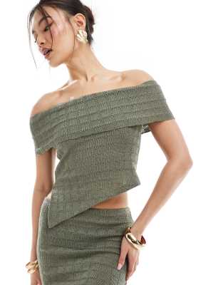 ASOS DESIGN co-ord textured sleeveless bardot top with asymmetric hem in khaki-Green