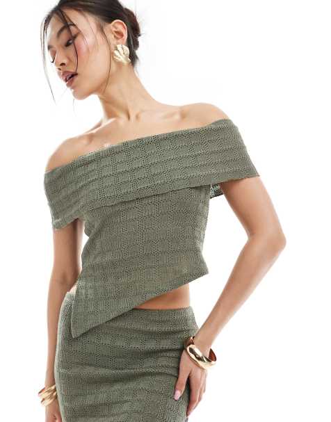 ASOS DESIGN co-ord textured sleeveless bardot top with asymmetric hem in khaki - view 1