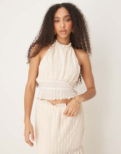 ASOS DESIGN co-ord textured sleeveless halter neck top with open back in cream