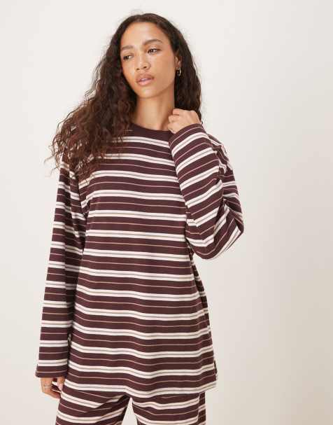 ASOS DESIGN co-ord textured stripe wide sleeve top in choc & cream - view 1
