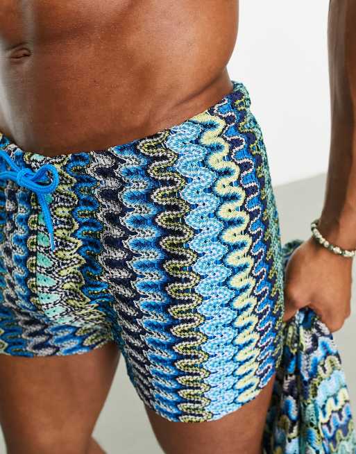 ASOS DESIGN co-ord textured swim trunks with crochet in blue, 3 of 4