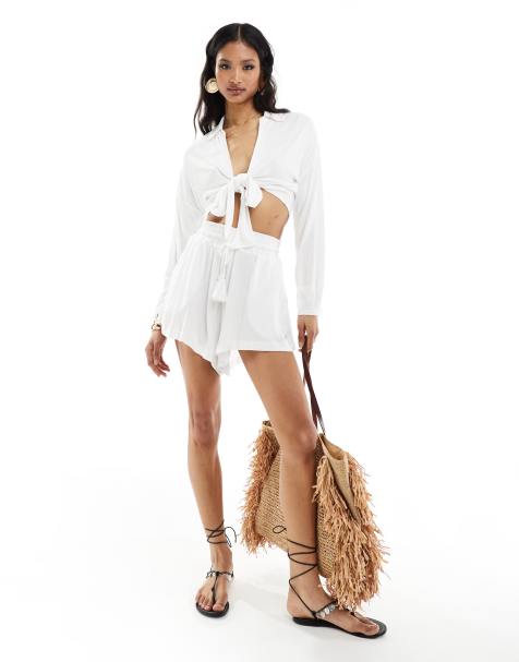 ASOS DESIGN co-ord textured tassel tie waist flippy shorts in white - view 1