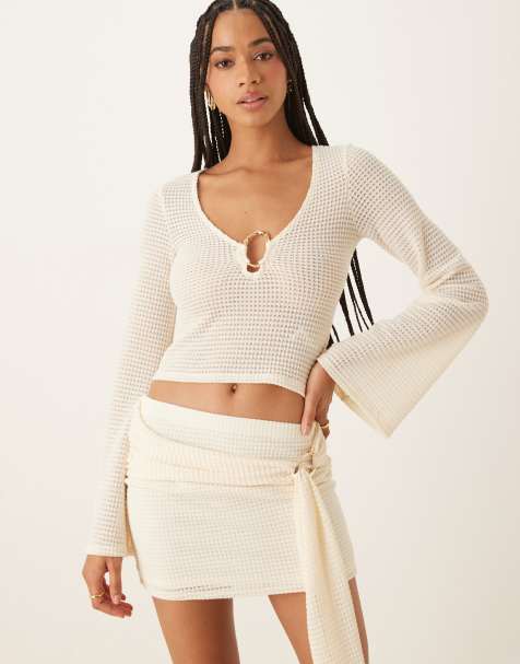 ASOS DESIGN co-ord textured v neck flared sleeve top in cream - view 1