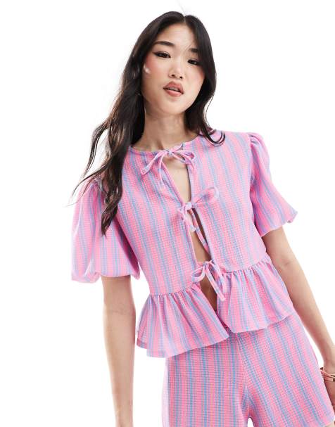 ASOS DESIGN co-ord textured volume sleeve tie front  top in stripe - view 1
