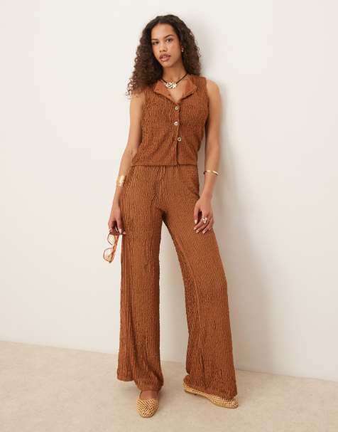 ASOS DESIGN co-ord textured wide leg in brown - view 1