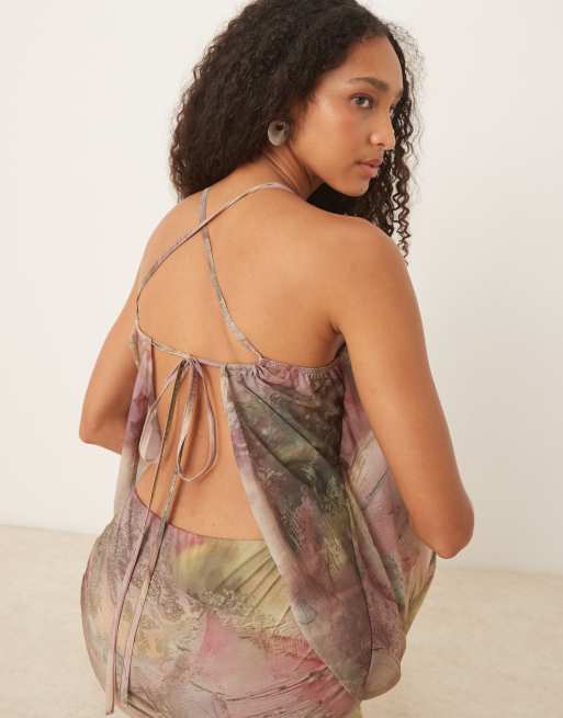 ASOS DESIGN co-ord tie back halter neck cami top in abstract print, 3 of 4