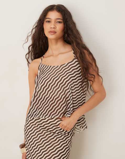 ASOS DESIGN co-ord tie back halter neck cami top in brown and white stripe