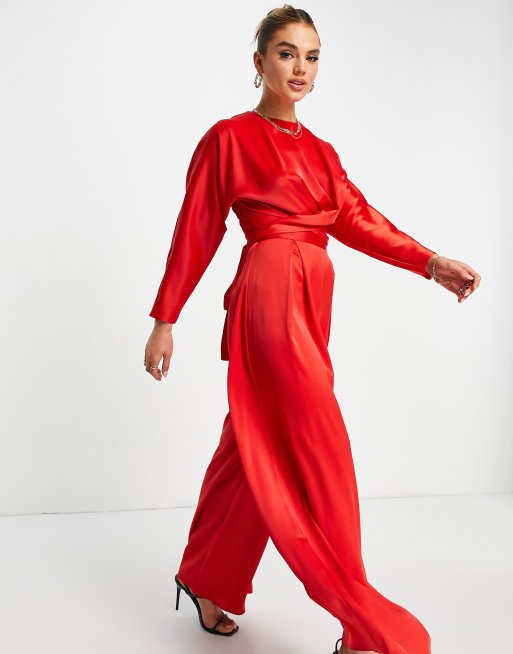 ASOS DESIGN co-ord tie wrap front top with long sleeves in red | ASOS