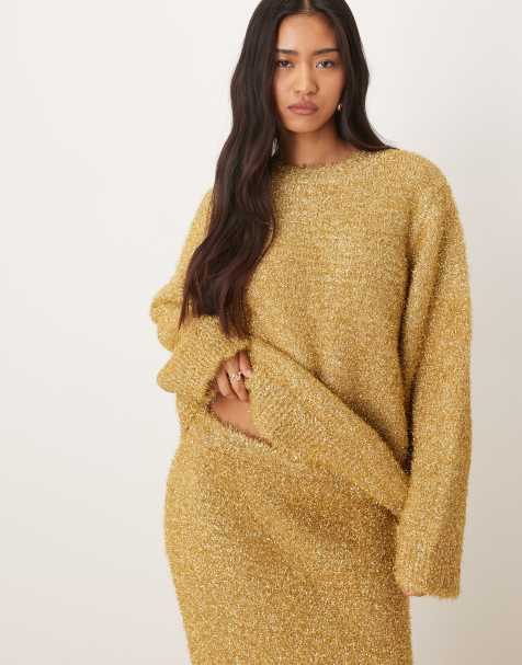 ASOS DESIGN co-ord tinsel oversized jumper in gold - view 1