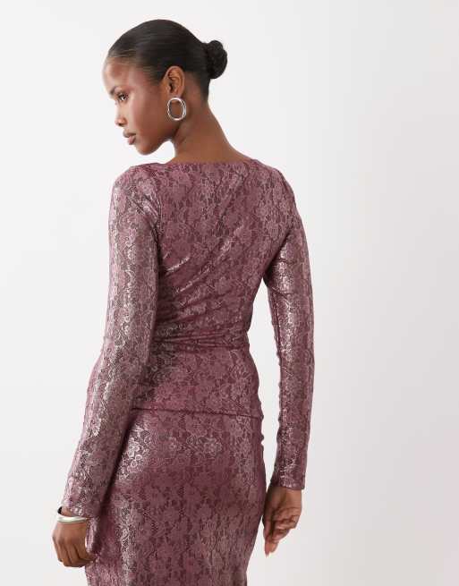 ASOS DESIGN co-ord top in pizzo con scollo rotondo e lunghezza alla caviglia in bordeaux, 4 di 4